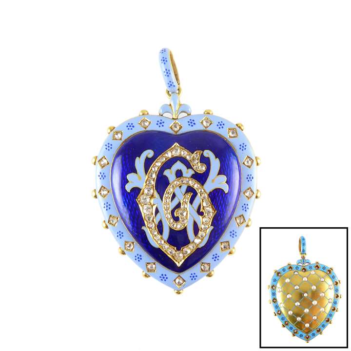 19th century three-tone blue enamel, diamond and pearl heart pendant locket by Carlo Giuliano, London c.1880,